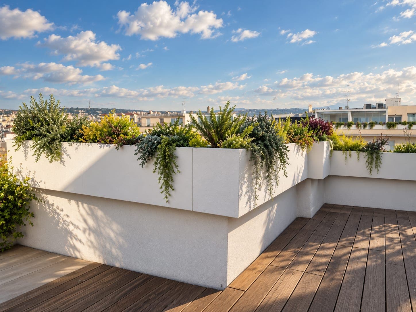 Fioriere modulari allineate lungo il parapetto di una terrazza in legno