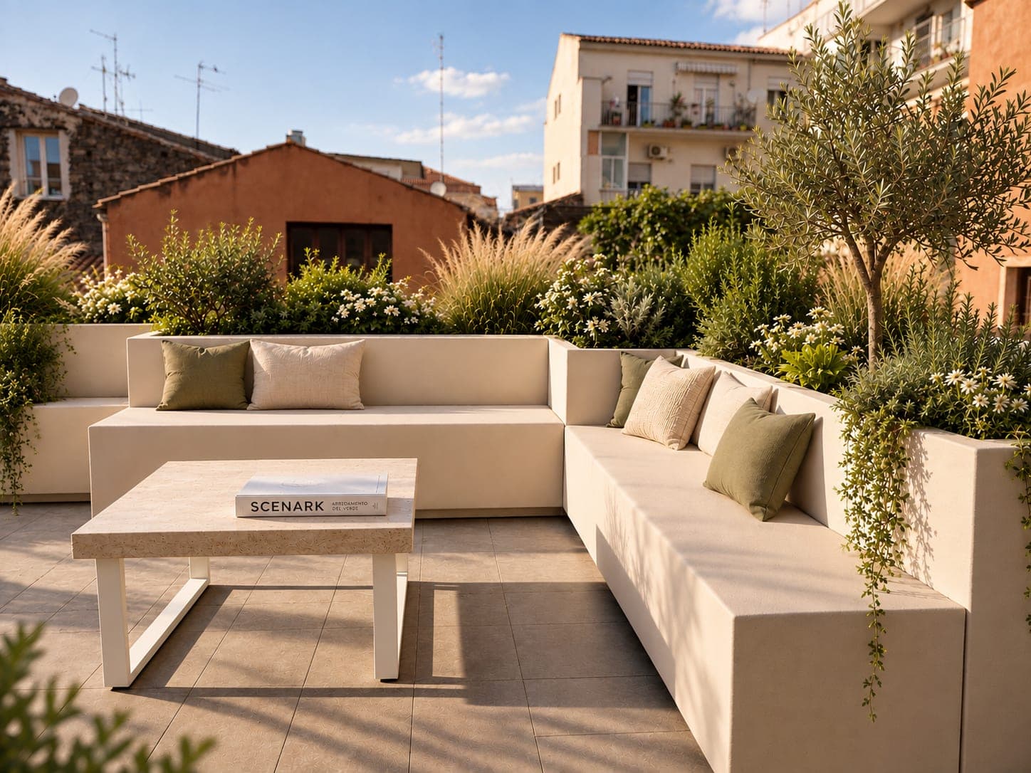 Salotto da esterno con fioriere su una terrazza affacciata sui tetti del centro storico