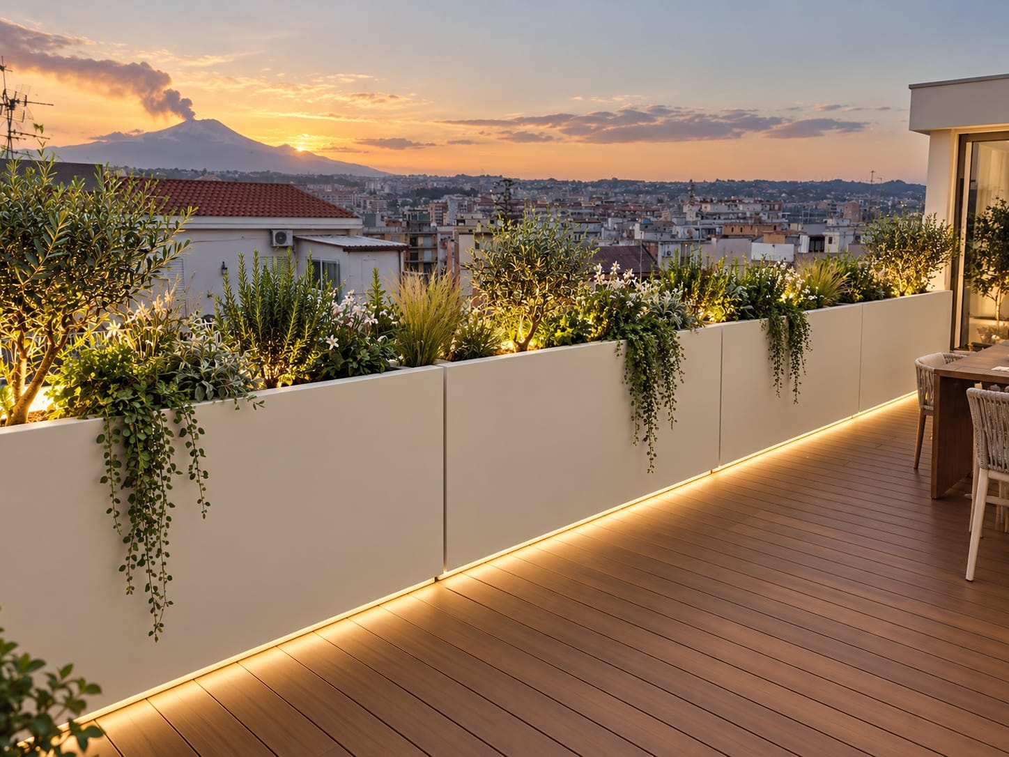 Fioriere modulari con luce integrata lungo il parapetto di una terrazza al tramonto